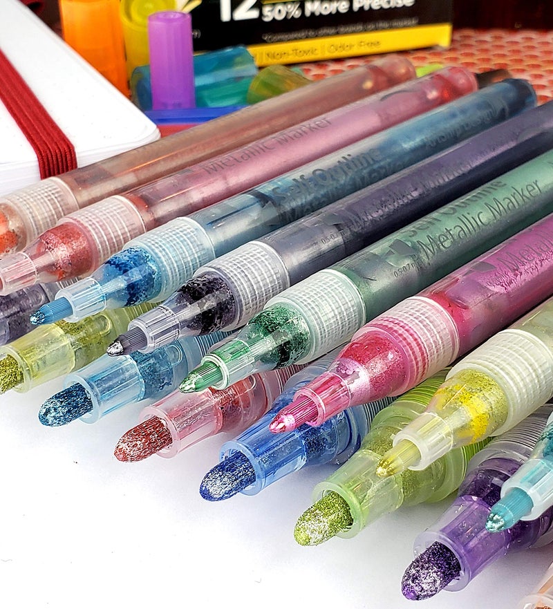 ArtShip Design 24 Self Outline Metallic Markers, Paint Pen Double Pack of Both Extra Fine Tip and Medium Tip, Double Line Markers, Self Outline Paint Pens, Journal Pens, Scrap Booking, Cards, DIY Crafts - Image 4
